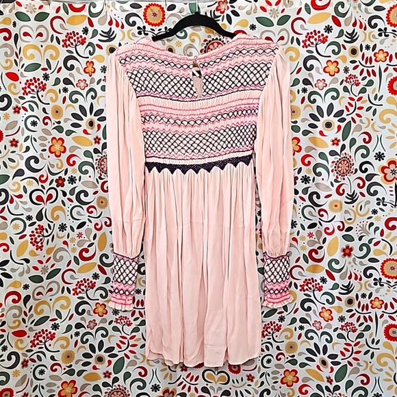Free People Pink Long Sleeve Smocked Mini Shift Dress Size Small - Picture 5 of 7